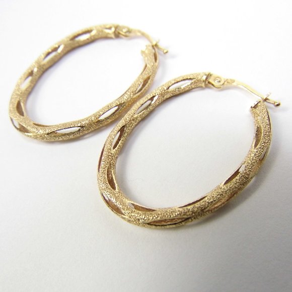 10K yellow GOLD Oval HOOP Cut out Earrings 1.25" - Picture 9 of 9